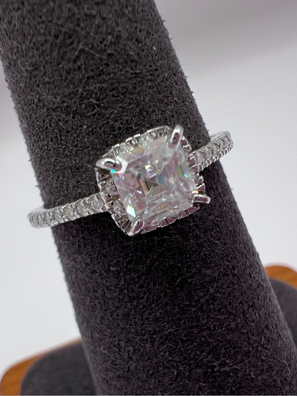 Classic Asscher Cut Moissanite Halo Solitaire Ring - size 7